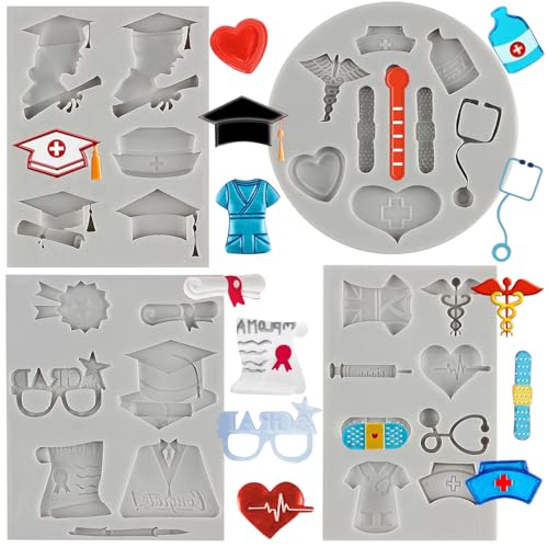 Sijiangmold Nurse Graduation Themed Fondant Molds Silicone Doctor Nurse Grad Hat Medical Equipment Candy Mold For Cake Decorating Cupcake Topper Chocolate Candy Polymer Clay Gum Paste Set Of 4 - Image 1