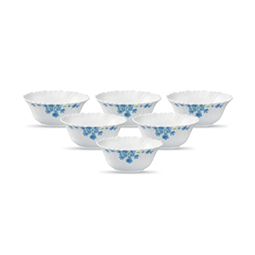 La Opala Diva Classique Collection Opal Glass Crockery | Vegetable Bowl Set of 6 | Aster Blue Design | for dal & Condiments | Microwave Safe | 100% Vegetarian | Extra Strong | Light & White - Image 1