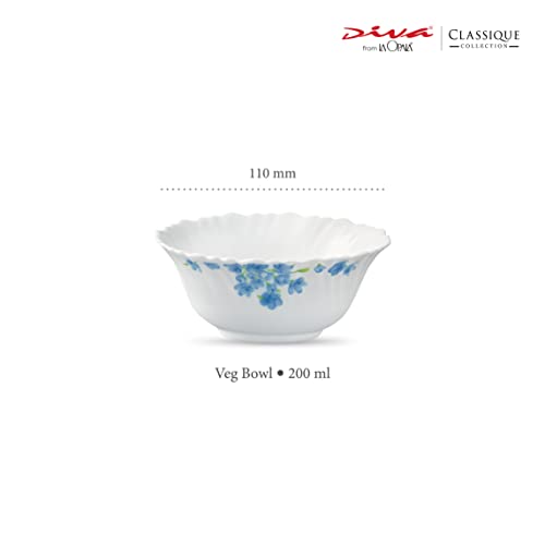 La Opala Diva Classique Collection Opal Glass Crockery | Vegetable Bowl Set of 6 | Aster Blue Design | for dal & Condiments | Microwave Safe | 100% Vegetarian | Extra Strong | Light & White - Image 2