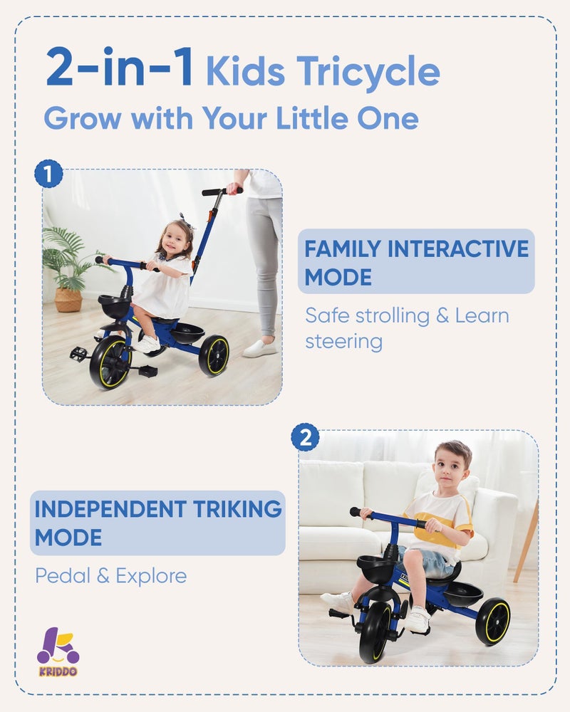 KRIDDO 2-in-1 Toddler Tricycle for Ages 18 Months to 5 Years Old - Extended Push Handle for Effortless Push, Gift Trike for Toddler 3 to 5 Year, Kids Tricycle with Foldable Front Footrest, Blue - Image 2