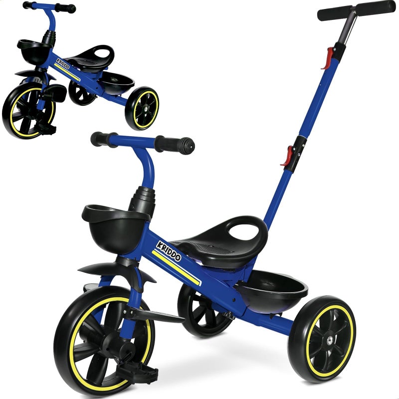 KRIDDO 2-in-1 Toddler Tricycle for Ages 18 Months to 5 Years Old - Extended Push Handle for Effortless Push, Gift Trike for Toddler 3 to 5 Year, Kids Tricycle with Foldable Front Footrest, Blue - Image 1