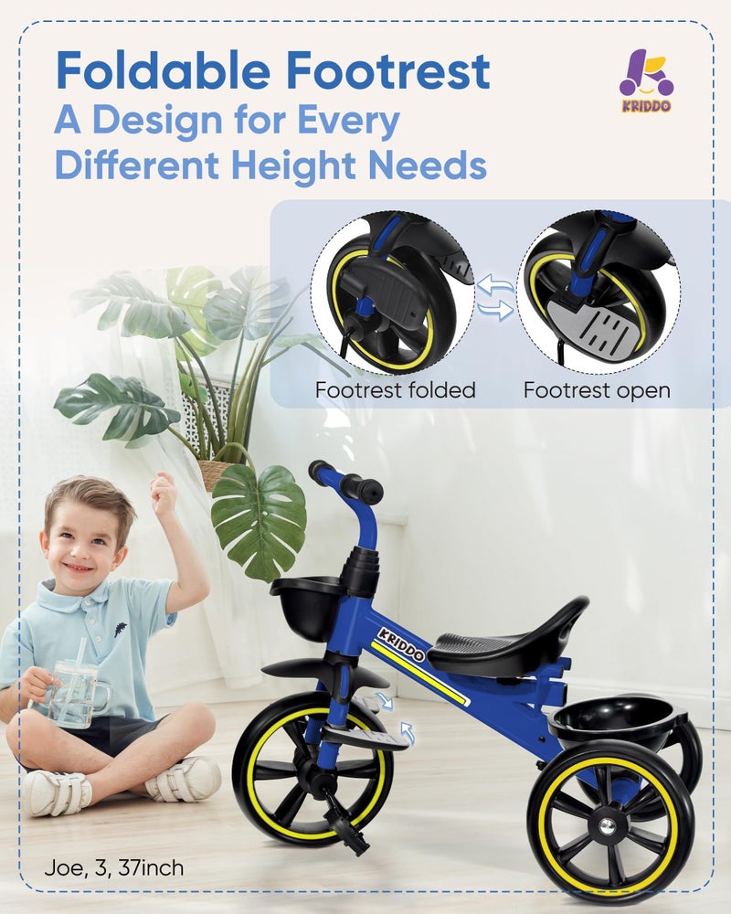 KRIDDO 2-in-1 Toddler Tricycle for Ages 18 Months to 5 Years Old - Extended Push Handle for Effortless Push, Gift Trike for Toddler 3 to 5 Year, Kids Tricycle with Foldable Front Footrest, Blue - Image 4