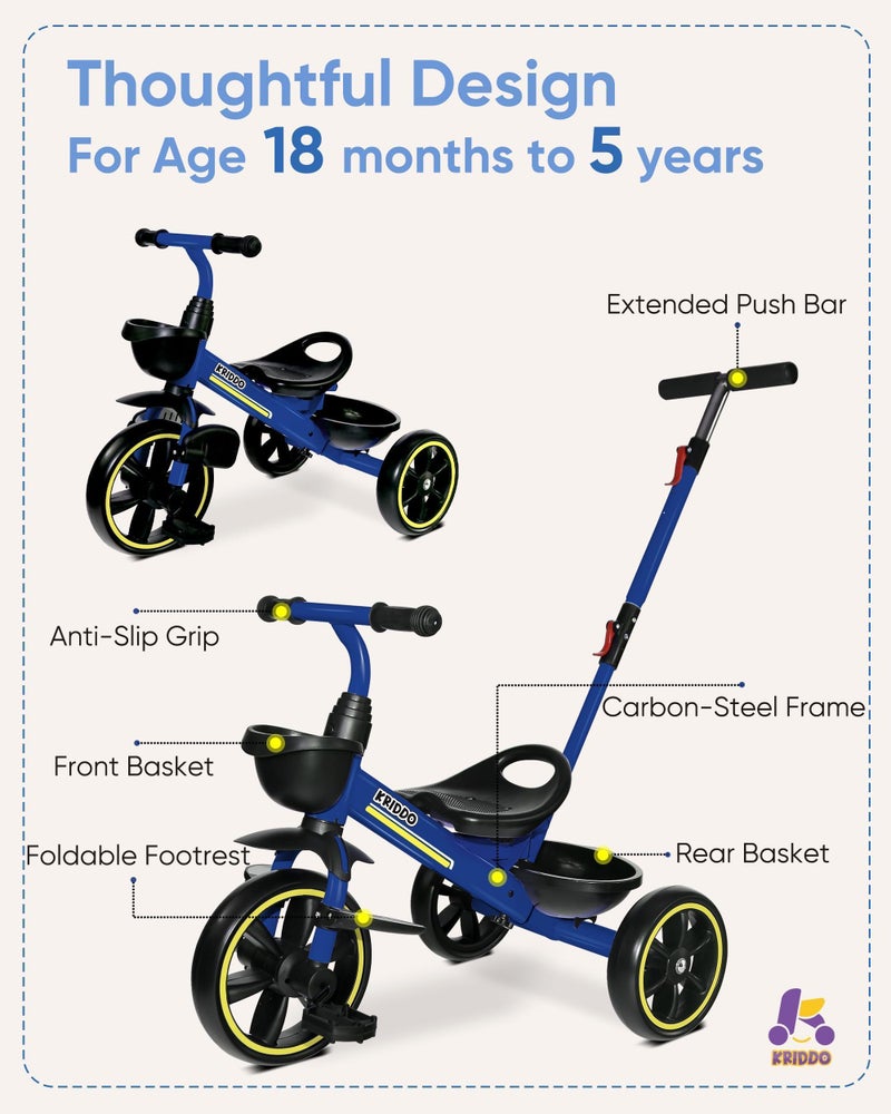 KRIDDO 2-in-1 Toddler Tricycle for Ages 18 Months to 5 Years Old - Extended Push Handle for Effortless Push, Gift Trike for Toddler 3 to 5 Year, Kids Tricycle with Foldable Front Footrest, Blue - Image 3