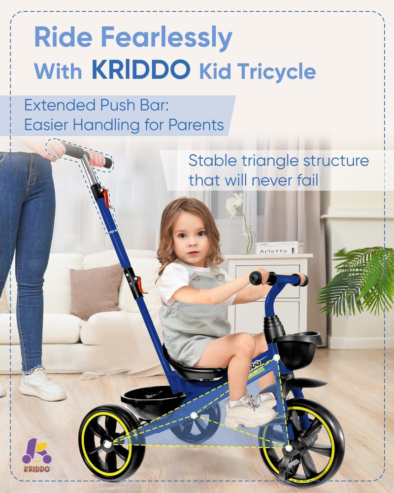 KRIDDO 2-in-1 Toddler Tricycle for Ages 18 Months to 5 Years Old - Extended Push Handle for Effortless Push, Gift Trike for Toddler 3 to 5 Year, Kids Tricycle with Foldable Front Footrest, Blue - Image 5