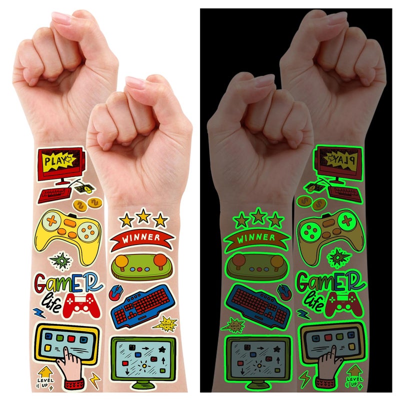 Partywind Luminous Video Game Party Supplies Temporary Tattoos for Kids 158 Styles Glow Gamer Gaming Birthday Decorations for Boys Party Favors Fake Tattoo Stickers for Gamer