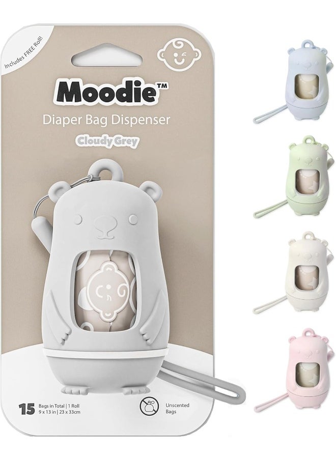 moodie Moodie NEW Teddy Bear Diaper Bag Dispenser | Diaper Bag on the Go Dispenser w/Silicon Strap | 15 UNSCENTED Diaper Disposal Bags per Roll | Diaper bag essential items (CLOUDY GREY)  - Image 1
