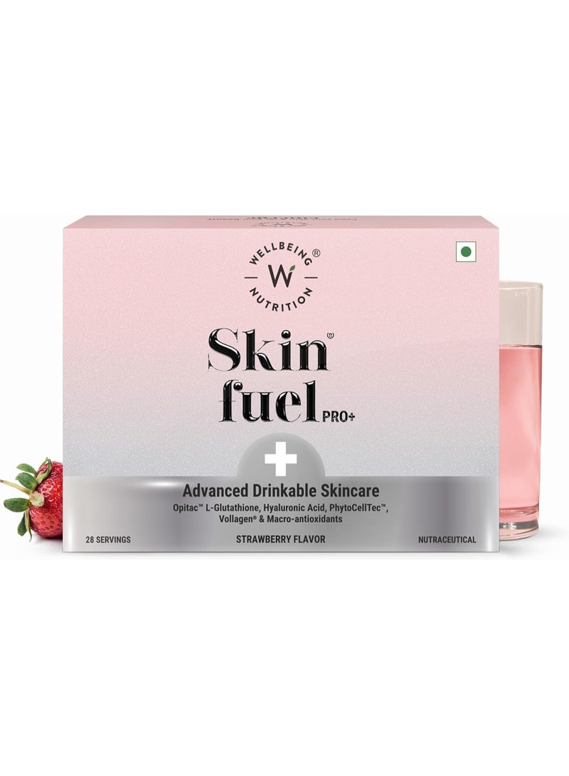 WELLBEING NUTRITION Skin Fuel Pro+|Glutathione,Vit C & E,Vollagen & PhytoCellTec|Reduces Pigmentation & Dark Spots|Skin Whitening|Anti-aging|Strawberry Flavour,28 Servings,Sachet,1 count - Image 1