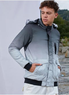Campus Sutra Men's Charcoal Black & Light Grey Ombre Puffer Jacket With Fleece Hood  - Image 3