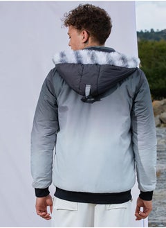 Campus Sutra Men's Charcoal Black & Light Grey Ombre Puffer Jacket With Fleece Hood  - Image 5