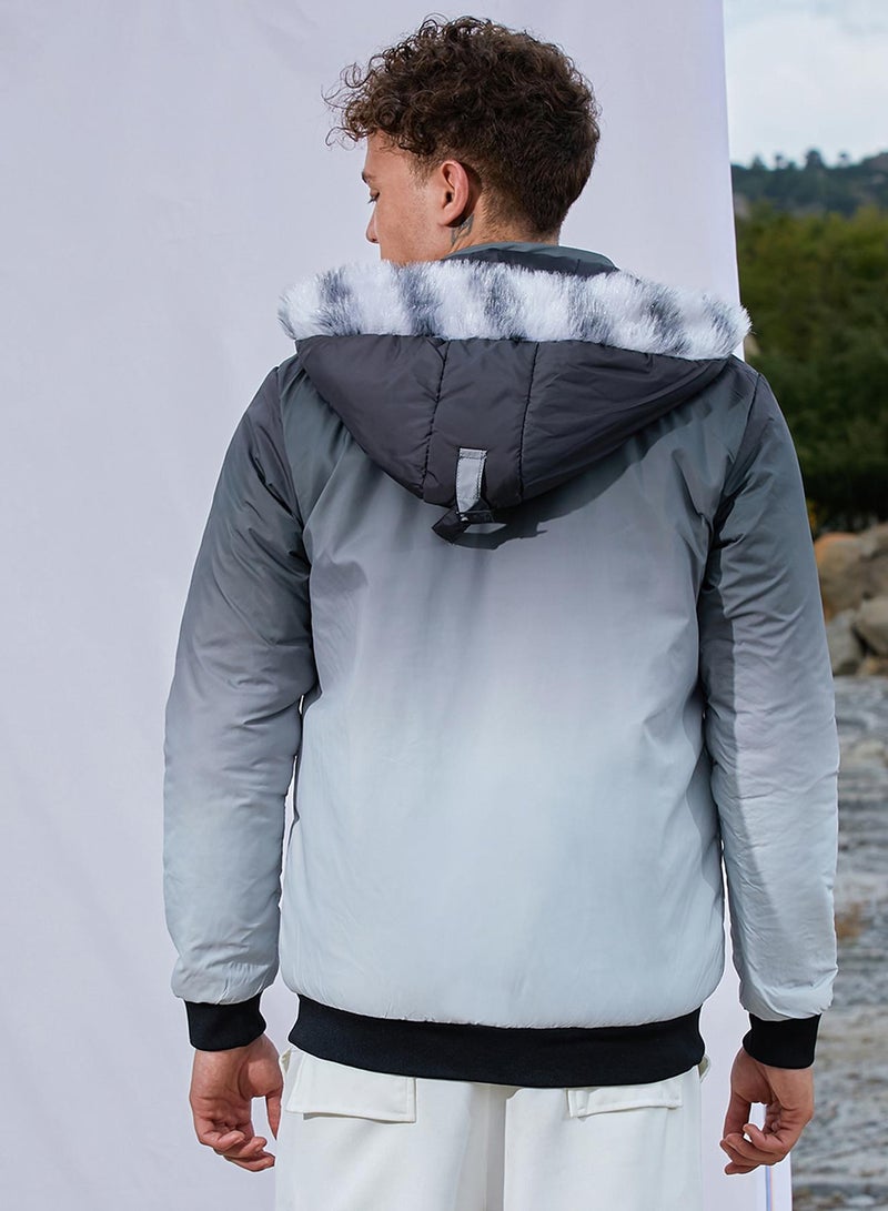 كامبوس سوترا Men's Charcoal Black & Light Grey Ombre Puffer Jacket With Fleece Hood  - Image 5