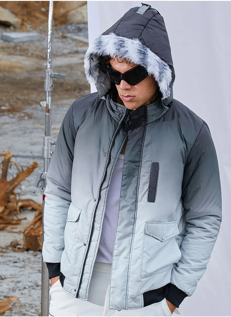 Campus Sutra Men's Charcoal Black & Light Grey Ombre Puffer Jacket With Fleece Hood