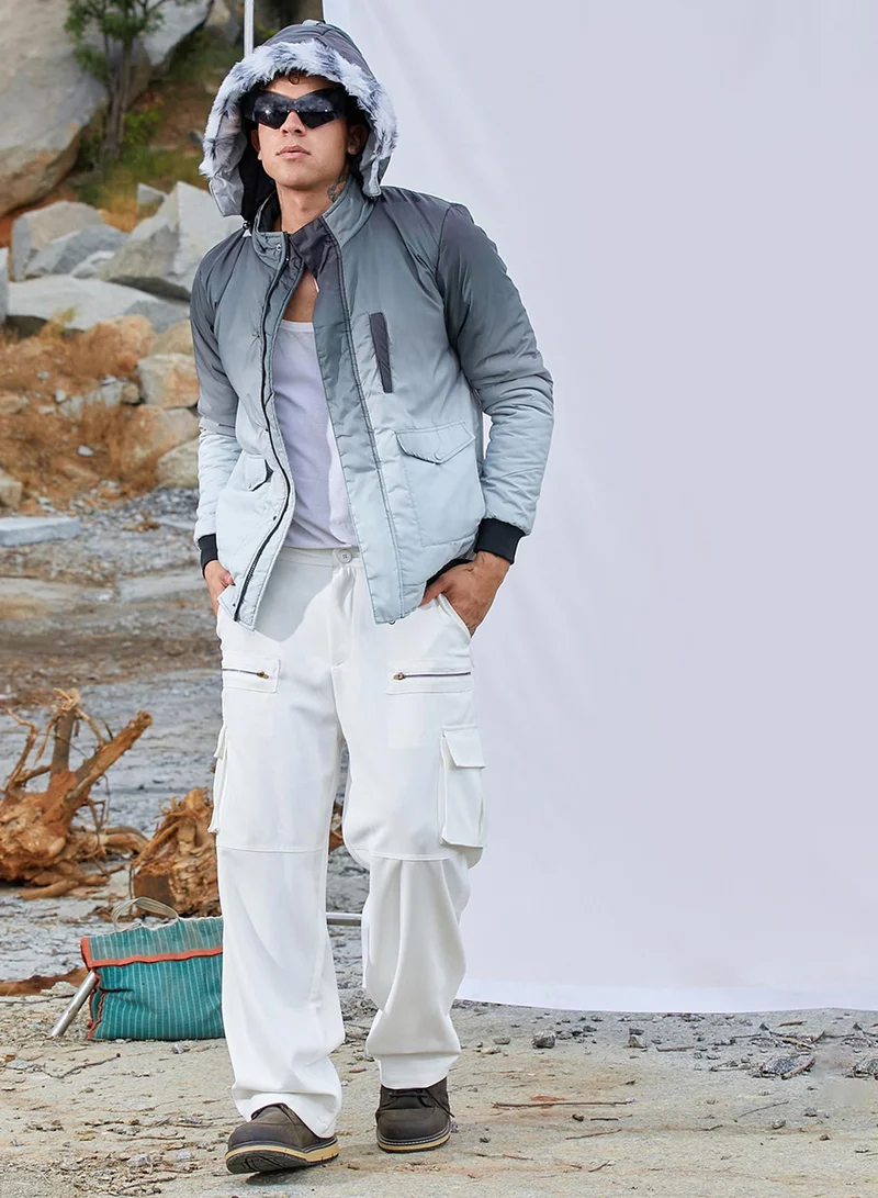 Campus Sutra Men's Charcoal Black & Light Grey Ombre Puffer Jacket With Fleece Hood