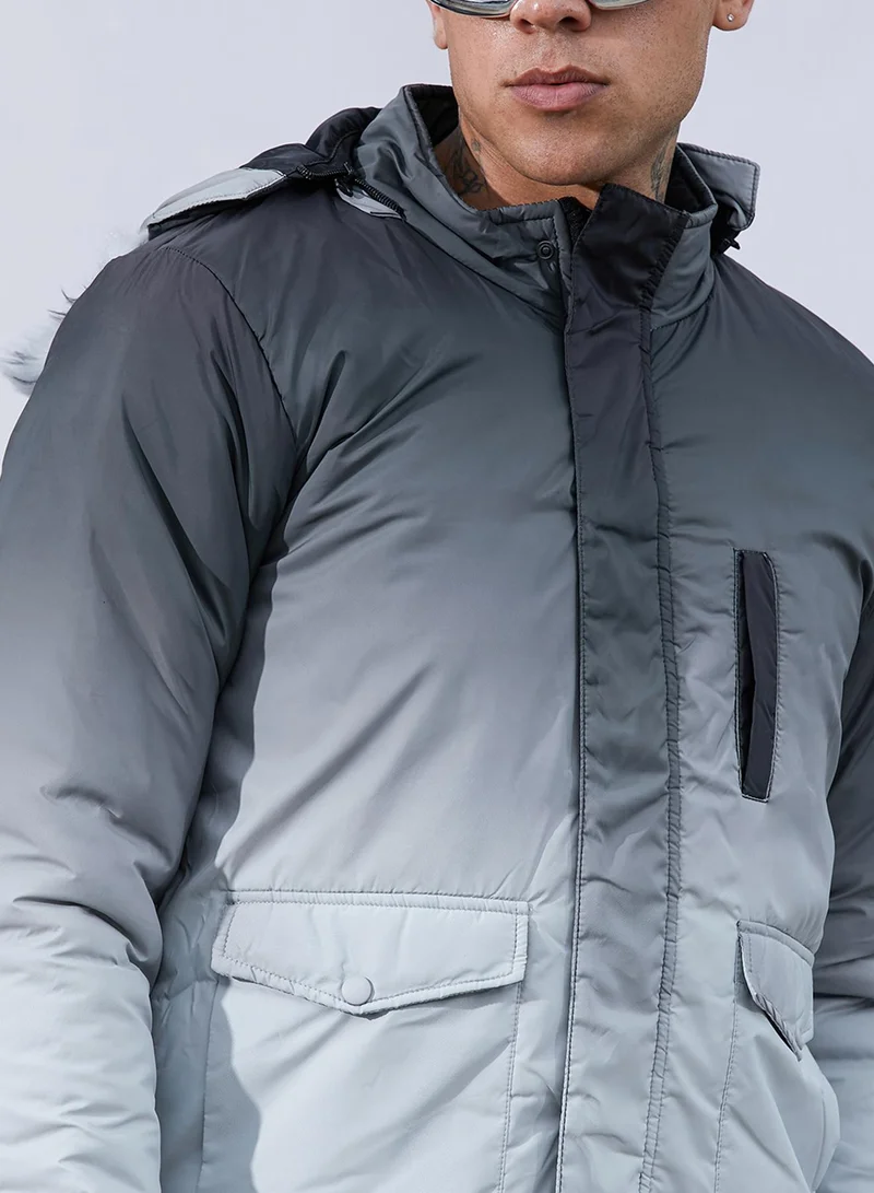 Campus Sutra Men's Charcoal Black & Light Grey Ombre Puffer Jacket With Fleece Hood