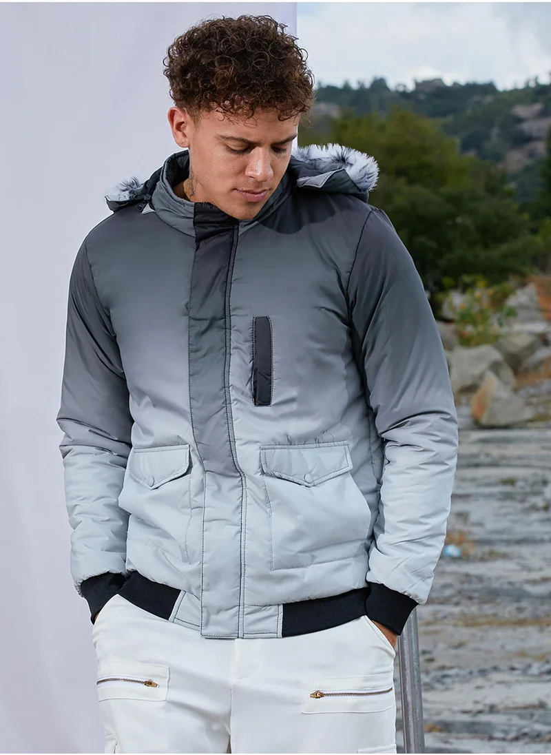 Campus Sutra Men's Charcoal Black & Light Grey Ombre Puffer Jacket With Fleece Hood