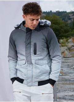 Campus Sutra Men's Charcoal Black & Light Grey Ombre Puffer Jacket With Fleece Hood  - Image 2