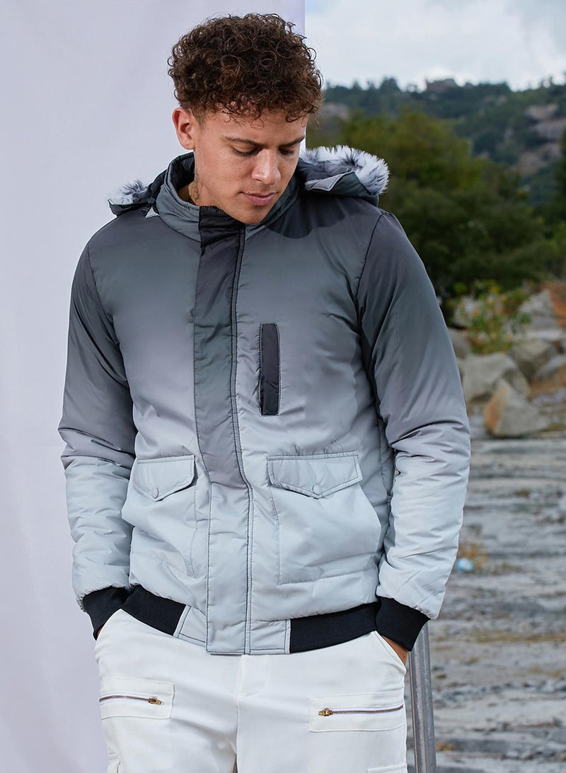 كامبوس سوترا Men's Charcoal Black & Light Grey Ombre Puffer Jacket With Fleece Hood  - Image 2