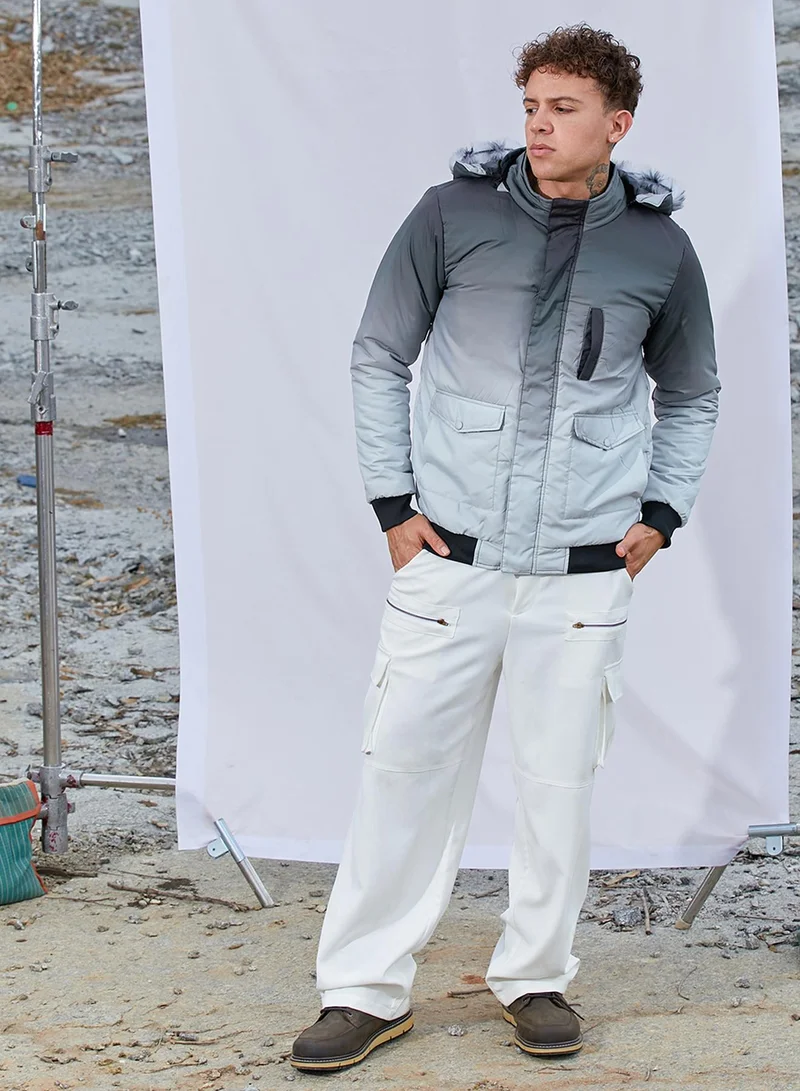 Campus Sutra Men's Charcoal Black & Light Grey Ombre Puffer Jacket With Fleece Hood