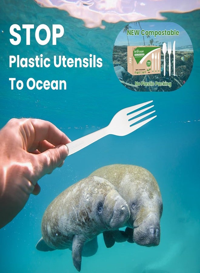 Biocean Extra Heavyduty Compostable Cutlery Set - 190 Count Large Disposable Utensils No Plastic Forks Spoons Knives Biodegradable Fork Eco Friendly Silverware for Party,BBQ,Daily Use,Events,Picnic - Image 4