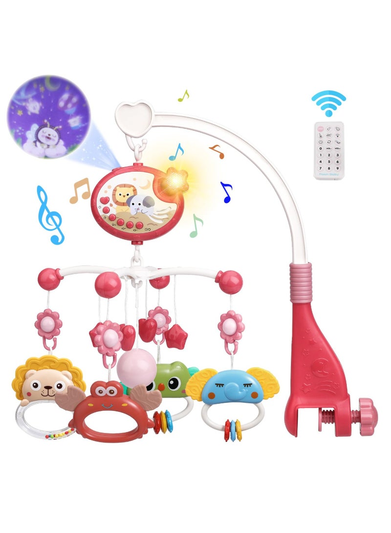 Excefore هاتف محمول سرير الطفل مع الموسيقى والأضواء، تحكم عن بعد بتدوير 360° موبايل موسيقي للسرير مع 400 لحن مهدئ، ضوء ليلي اسقاطي ولعبة جراش قابلة للمضغ - Image 1