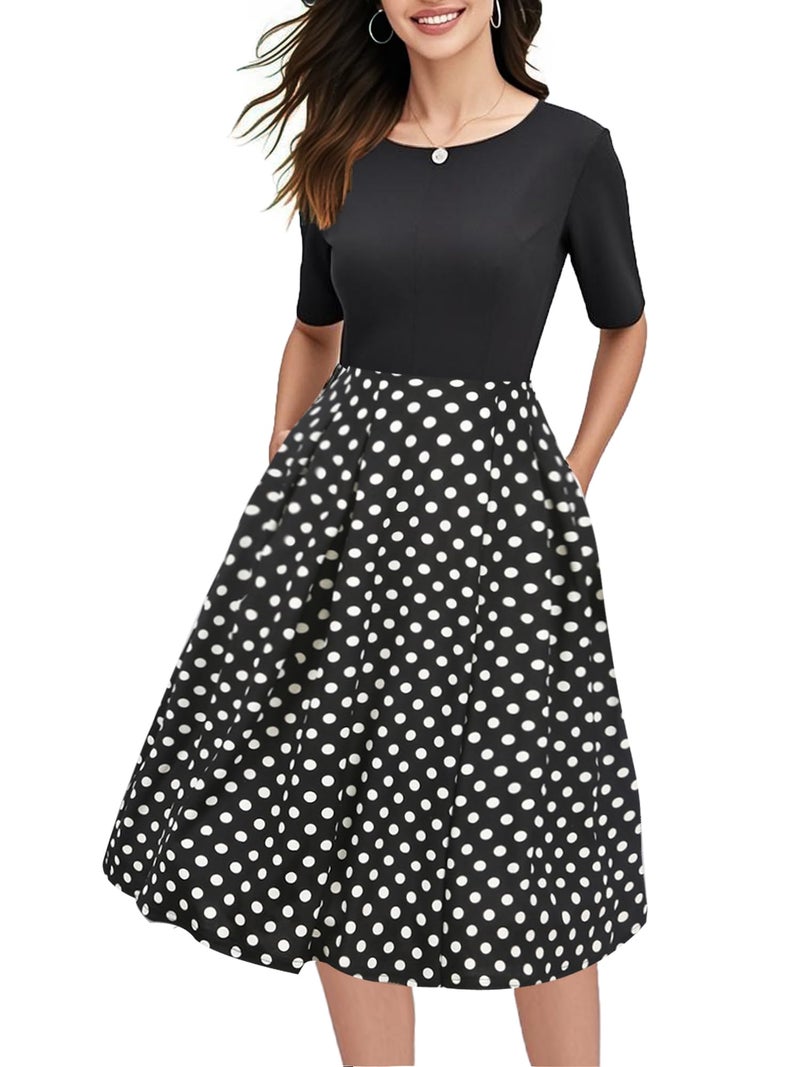 oxiuly Womens Vintage Patchwork Pockets Puffy Swing Casual Party Work Dress OX165 Black L