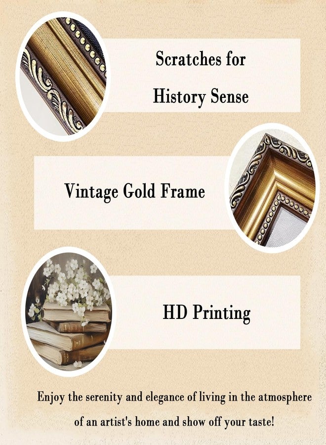 Kizbok Gold Framed Wall Art for Home Decor, Vintage Books and Flowers Canvas Prints Painting, Antique Vintage Floral Wall Decor for Light Academia Cottage Room Decor, Aesthetic Bedroom Framed Art - Image 2