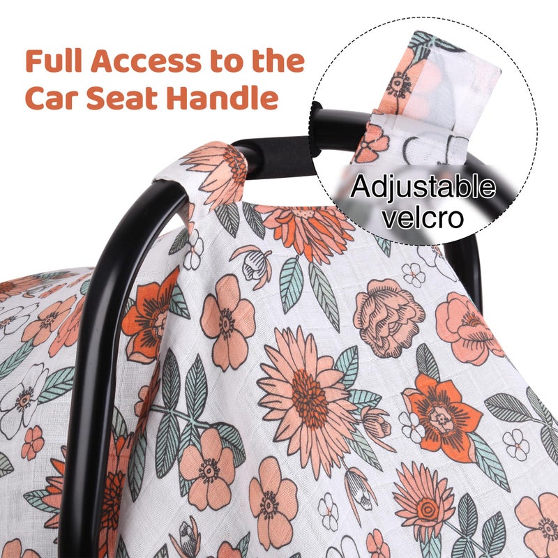 Rquite Car Seat Cover, Muslin Cotton Infant Car Seat Canopy, Breathable Baby Carrier Cover, Summer Stroller Sun Shade, Flower - Image 3