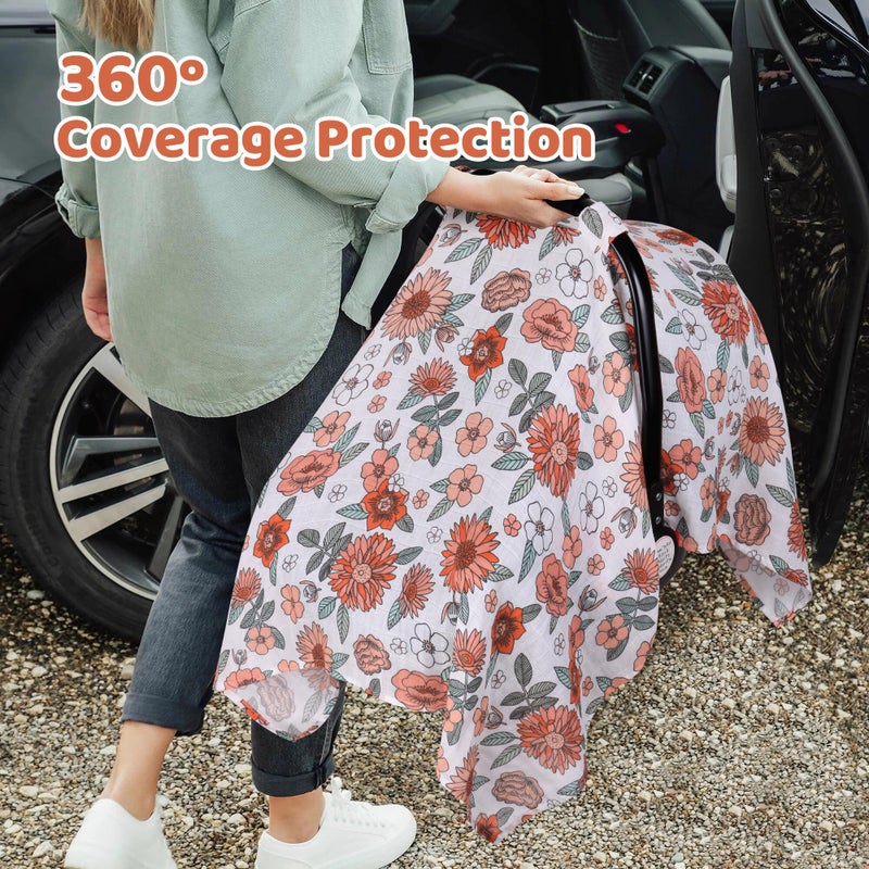 Rquite Car Seat Cover, Muslin Cotton Infant Car Seat Canopy, Breathable Baby Carrier Cover, Summer Stroller Sun Shade, Flower - Image 4