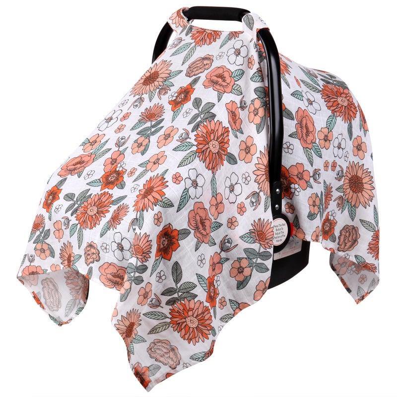 Rquite Car Seat Cover, Muslin Cotton Infant Car Seat Canopy, Breathable Baby Carrier Cover, Summer Stroller Sun Shade, Flower - Image 1