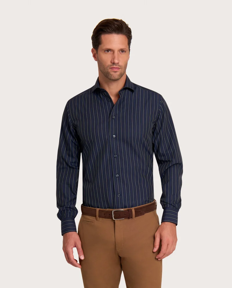 كاميتشسما Fancy Non-Iron Navy Blue Striped Poplin Slim Shirt