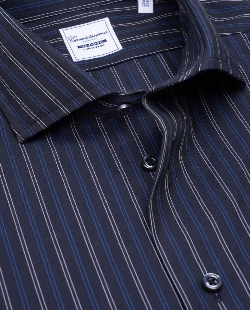 كاميتشسما Fancy Non-Iron Navy Blue Striped Poplin Slim Shirt