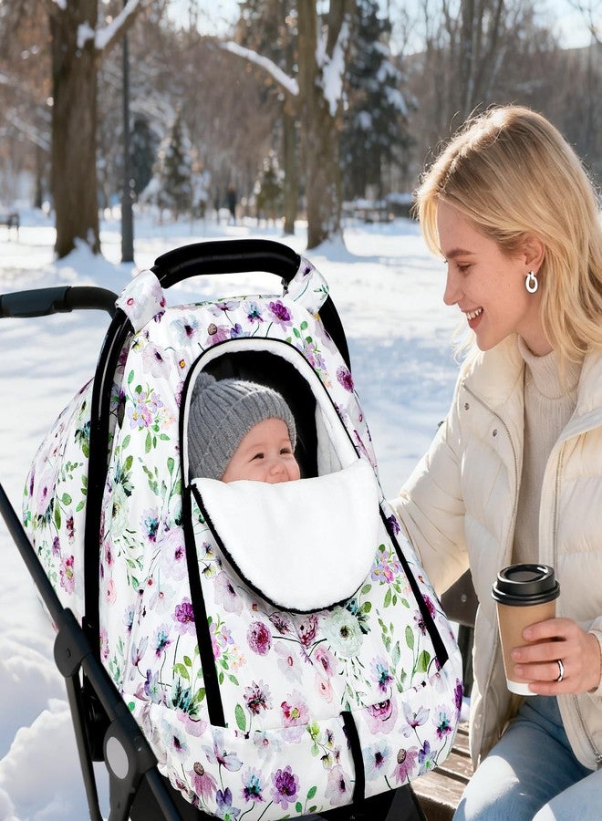 GFU Winter Car Seat Cover Baby, GFU Warm Carseat Cover for Babies, Universal Infant Car Seat Canopy Waterproof, Cold Weather Shield Coats Purple Flowers - Image 3