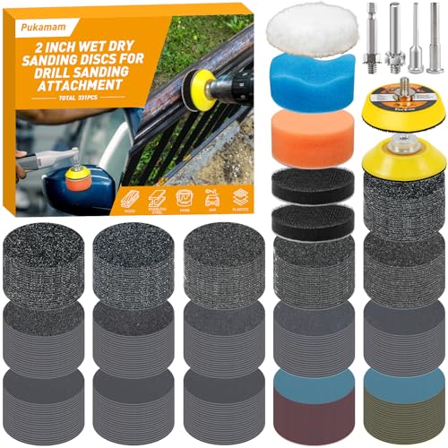 Pukamam 331 PCS 2 Inch Wet Dry Sanding Discs Grit 60 80 120 150 180 240 320 400 600 800 1000 1500 2000 3000 5000 10000 Hook and Loop for Drill Sanding Attachment - Image 1