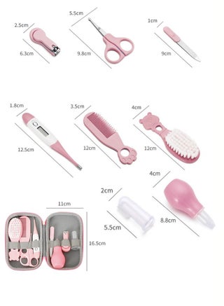 مجموعة العناية الصحية والجمال المحمولة للأطفال من 8 قطع، مقياس حرارة، شفاط أنفي، فرشاة أسنان، مقص أظافر، مقص أمان مانيكير، فرشاة ومشط، مناسبة للأطفال حديثي الولادة والأولاد والبنات في رياض الأطفال، مجموعة أدوات الاستحمام اليومية للعناية بالطفل، وردي دب - view 2