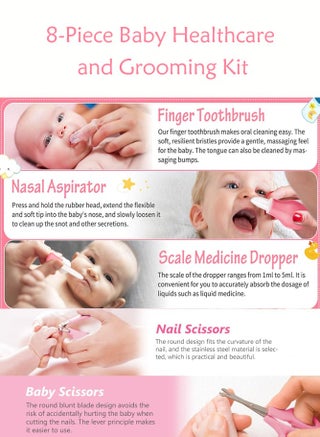 مجموعة العناية الصحية والجمال المحمولة للأطفال من 8 قطع، مقياس حرارة، شفاط أنفي، فرشاة أسنان، مقص أظافر، مقص أمان مانيكير، فرشاة ومشط، مناسبة للأطفال حديثي الولادة والأولاد والبنات في رياض الأطفال، مجموعة أدوات الاستحمام اليومية للعناية بالطفل، وردي دب - view 3