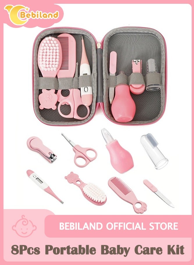 بيبي لاند مجموعة العناية الصحية والجمال المحمولة للأطفال من 8 قطع، مقياس حرارة، شفاط أنفي، فرشاة أسنان، مقص أظافر، مقص أمان مانيكير، فرشاة ومشط، مناسبة للأطفال حديثي الولادة والأولاد والبنات في رياض الأطفال، مجموعة أدوات الاستحمام اليومية للعناية بالطفل، وردي دب - Image 1