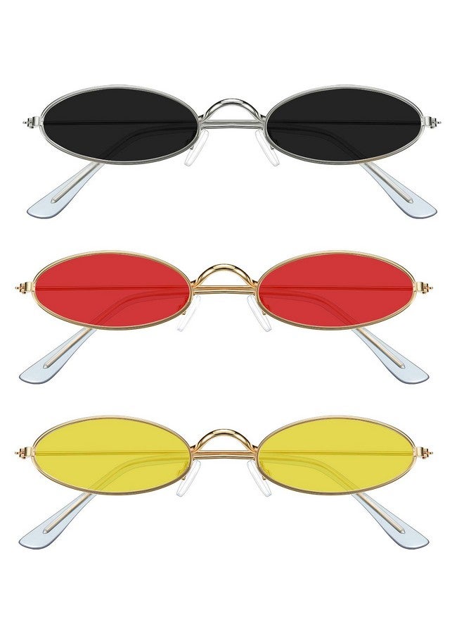 Frienda 3 Pieces Vintage Oval Sunglasses Retro Slender Metal Frame Oval Glasses Small Vintage Sunglasses Candy Colors For Men Woman (Grey Lens, Red Lens, Yellow Lens) - Image 1