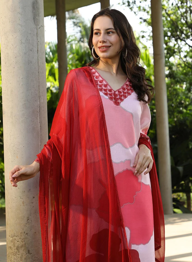  قصة Women's Rouge Pink Fleur Imprint Kurta Set