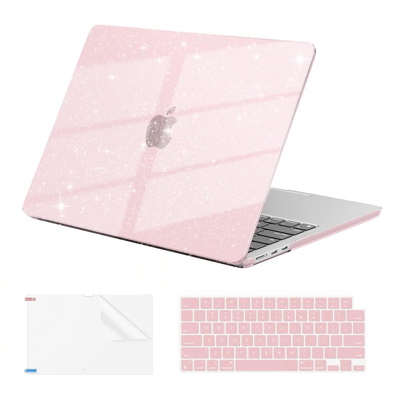 EooCoo Case Compatible with MacBook Air 13 inch M5 2026-2022 Release M4 M3 M2 A3449 A3240 A3113 A2681, Glitter Hard Shell&Keyboard Skin Cover&Screen Protector for Mac Air 13.6 inch, Sparkly Baby Pink - Image 1
