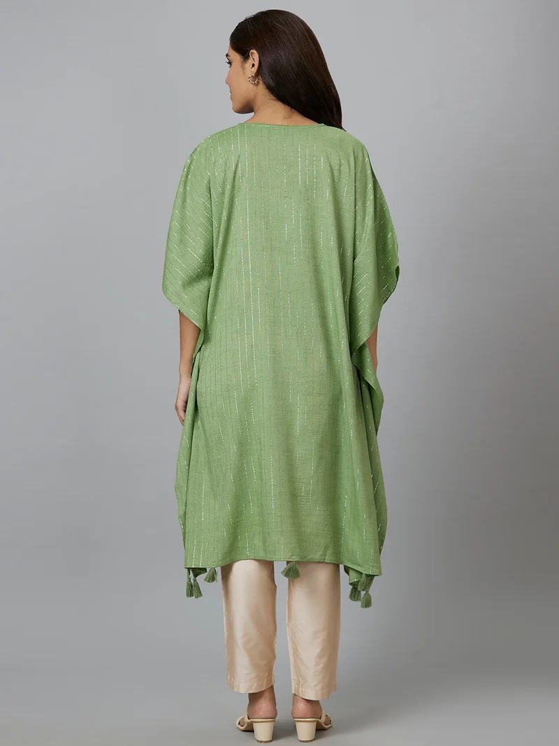 globus Women Green Embellished V-Neck Flared Sleeves Kaftan Kurta