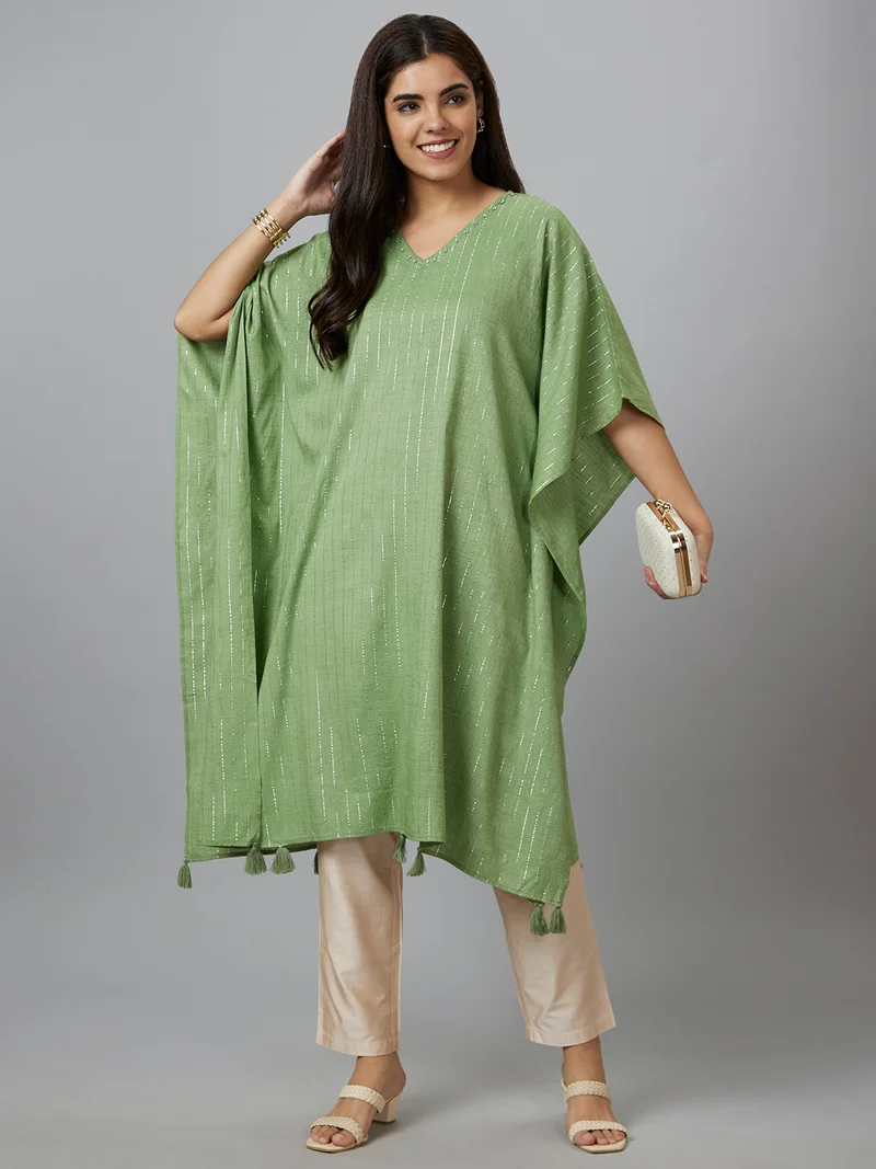 globus Women Green Embellished V-Neck Flared Sleeves Kaftan Kurta