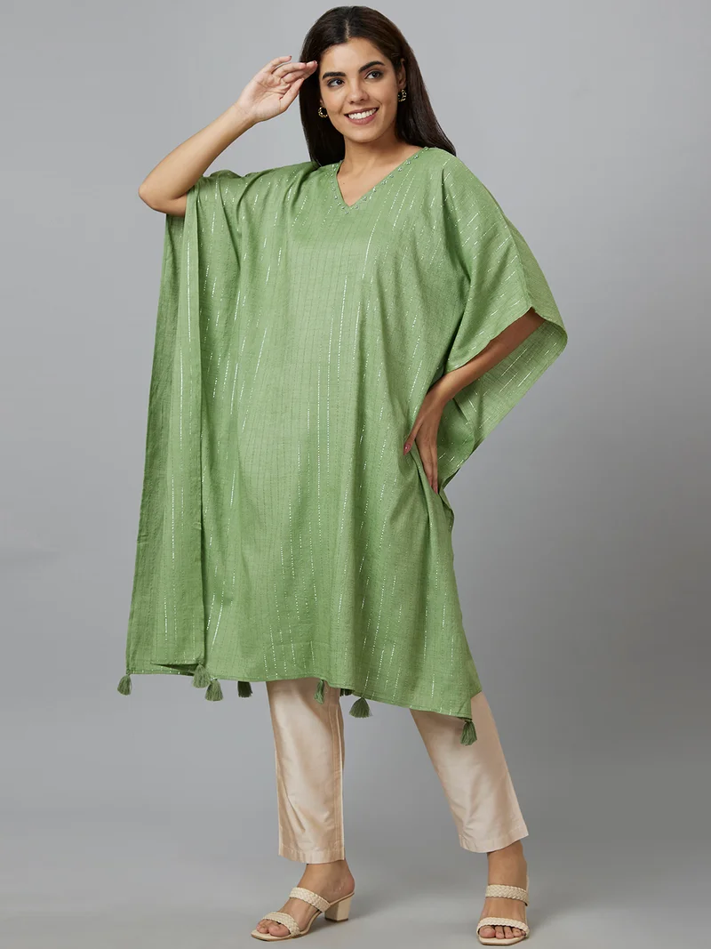 globus Women Green Embellished V-Neck Flared Sleeves Kaftan Kurta
