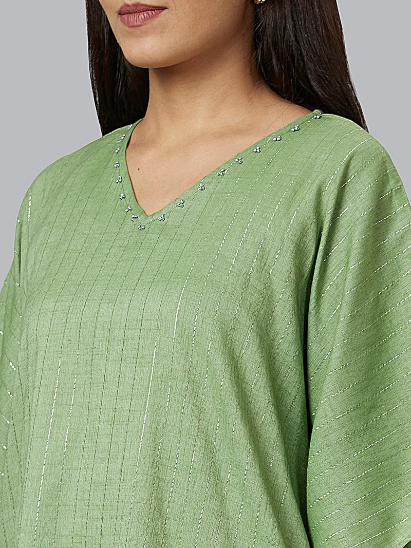 globus Women Green Embellished V-Neck Flared Sleeves Kaftan Kurta
