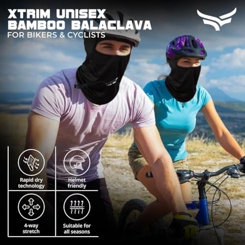 XTRIM Face Mask for Men and Women, Balaclava for Bike Riding, UV-Protected Full Face Mask, Breathable Helmet Liner, Sweat Absorbing, Odour-Free, 4-Way Stretch, Sun & Dust Protection (Black, Bamboo) - Image 2