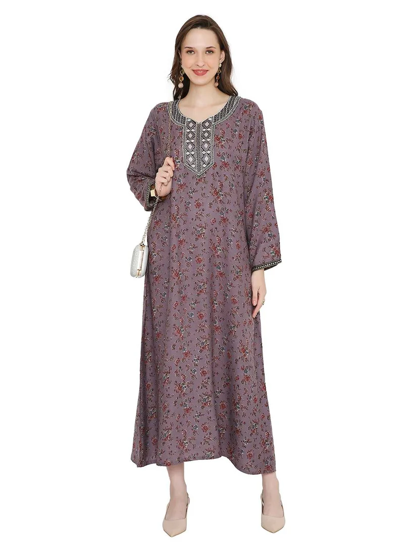 HANA & SARA ELEGANT FLORAL PRINTED WITH UNIQUE THREAD EMBROIDERY AND STONE WORK FARASHA JALABIYA KAFTAN