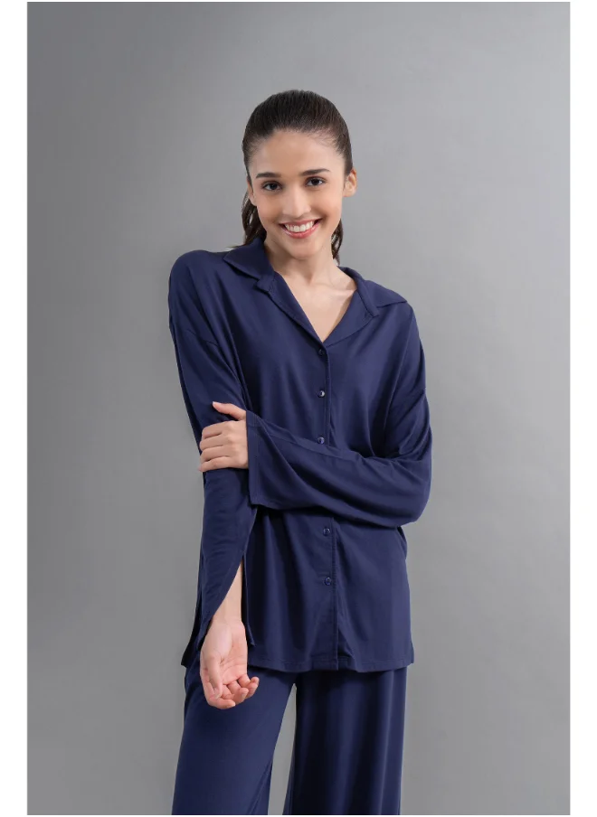 NeceSera Deep Navy Supima Button Down Shirt with Slit