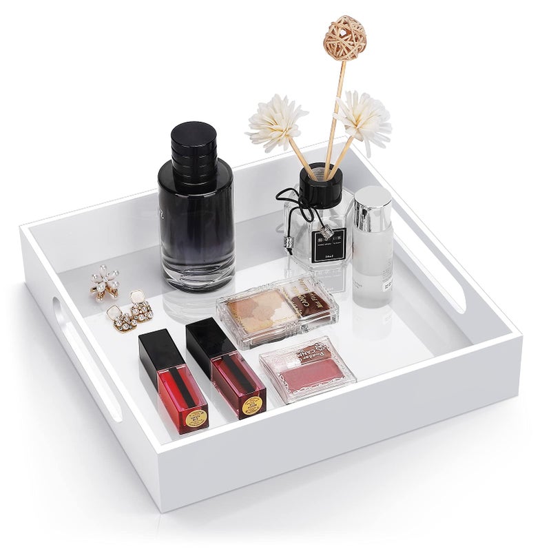 Cilinta Home Decorative Coffee Table Tray 10x10 Elegant Acrylic Serving Trays with Handles Works for Eating Breakfast Makeup Drawer OrganizerBathroom Vanity TableOttoman Tray White