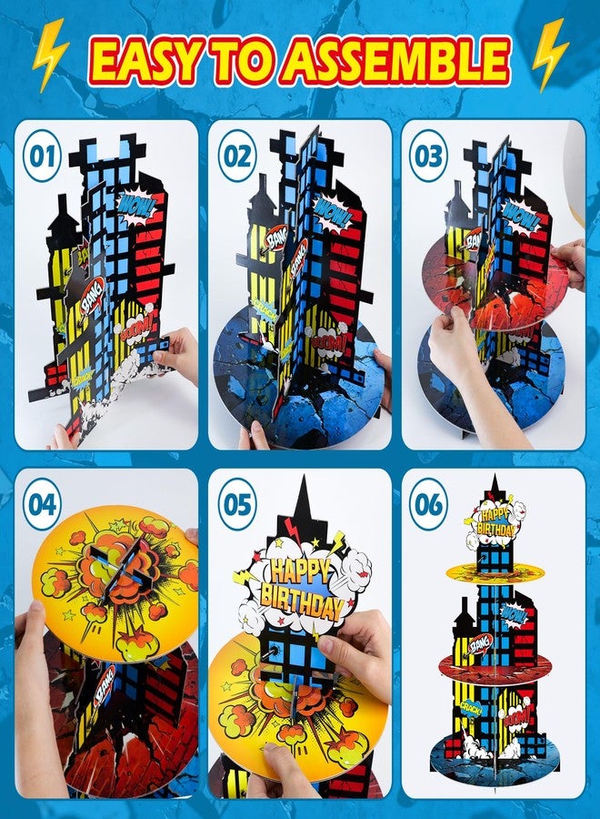 Nuesaurd Hero Cupcake Stand 3 Tier Cupcake Holder Stand Hero Cardboard Display Dessert Tower for Building Theme Birthday Party Supplies Super Themed Party Decorations Cupcake Decoration - Image 4