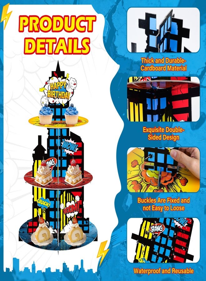 Nuesaurd Hero Cupcake Stand 3 Tier Cupcake Holder Stand Hero Cardboard Display Dessert Tower for Building Theme Birthday Party Supplies Super Themed Party Decorations Cupcake Decoration - Image 3