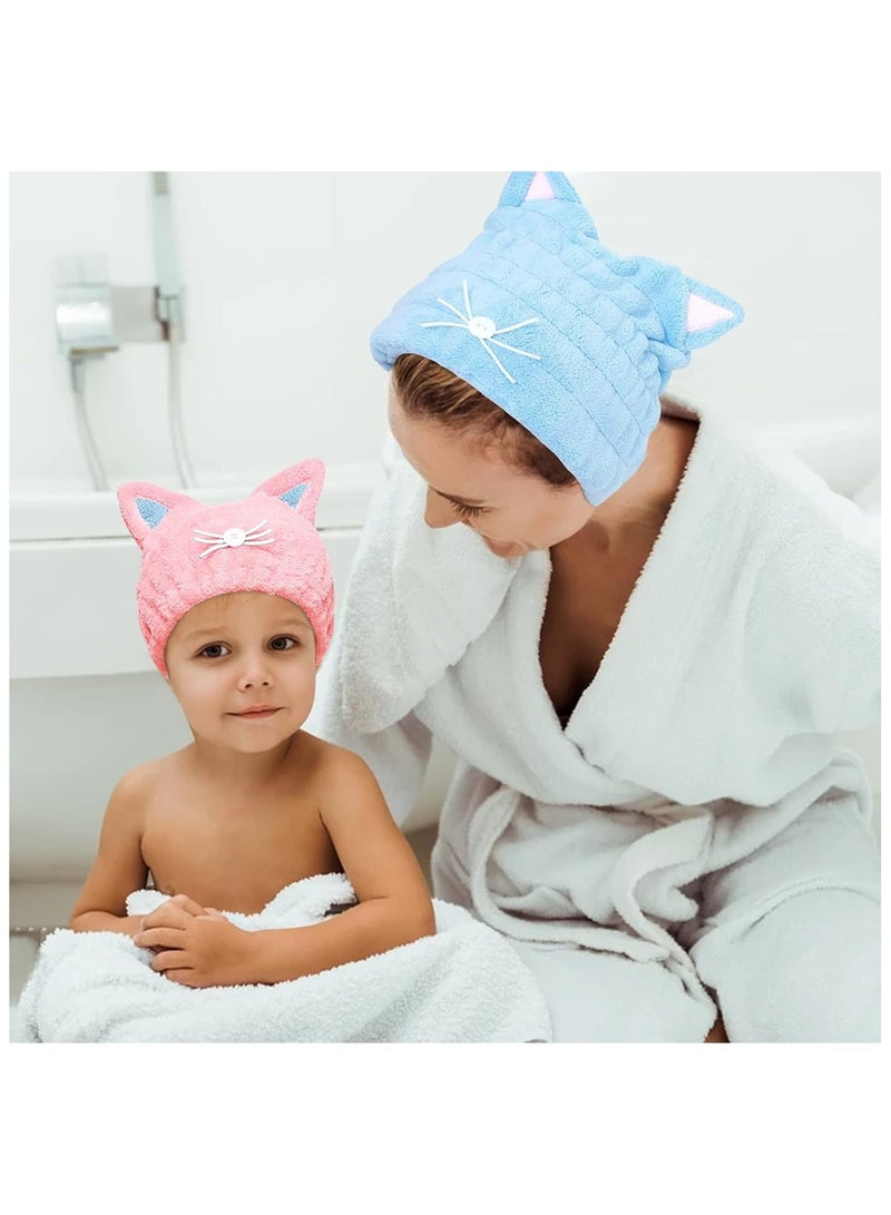 2 Pcs Dry Hair Hat Hair Drying Towels for Women Quick Drying Bath Cap Microfiber Dry Hair Cap Quick Drying Hair Wrap with Cute Cat Ears Super Absorbent Coral Fleece Hair Towel for Women Kids Girls - Image 5