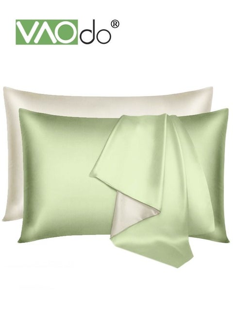 2PCS AB Side Pillowcase Washed Silk Breathable and Comfortable Satin Pillowcase Envelope Pillowcase for All Seasons Light Green 48*74CM